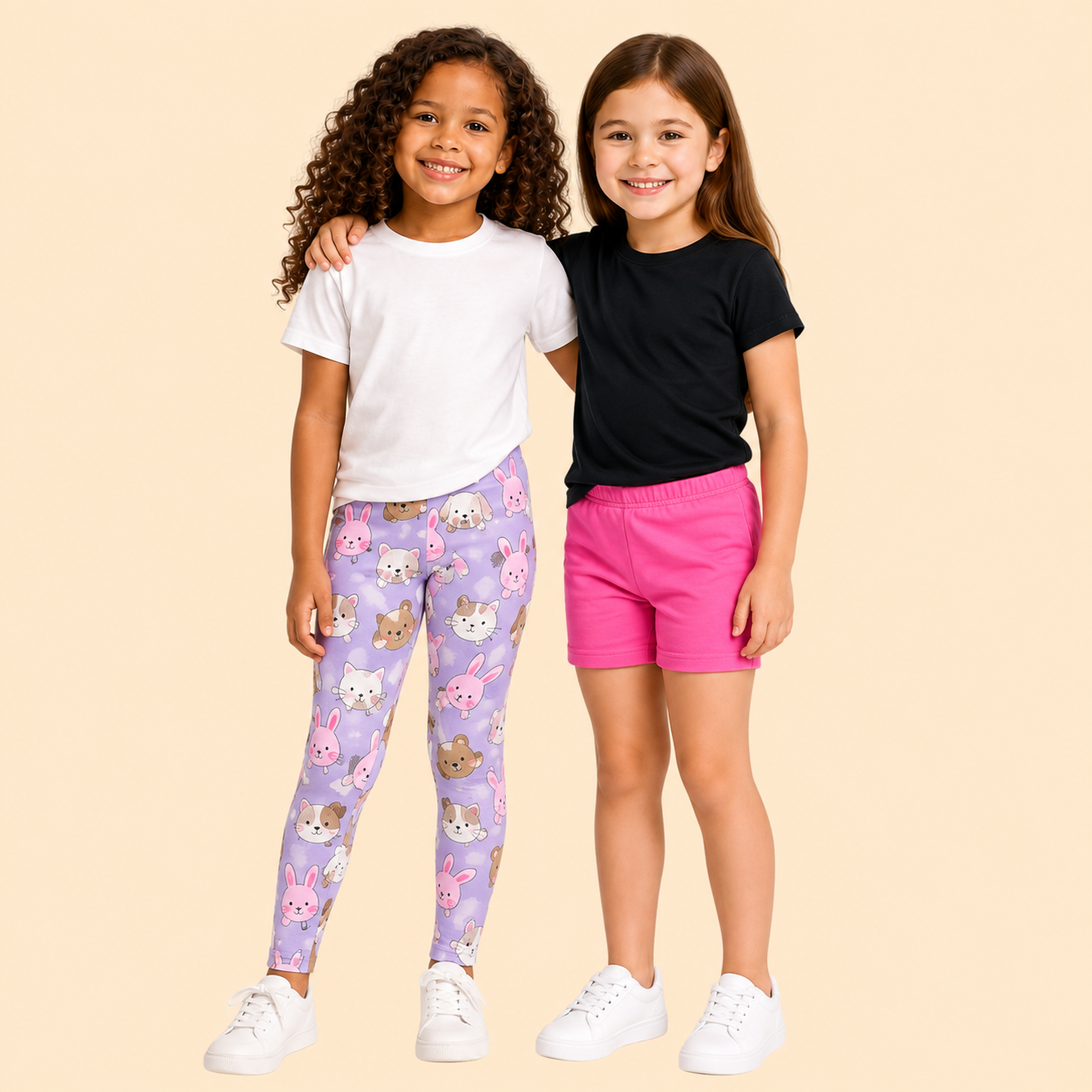 Meninas vestindo legging infantil estampada e shorts rosa
