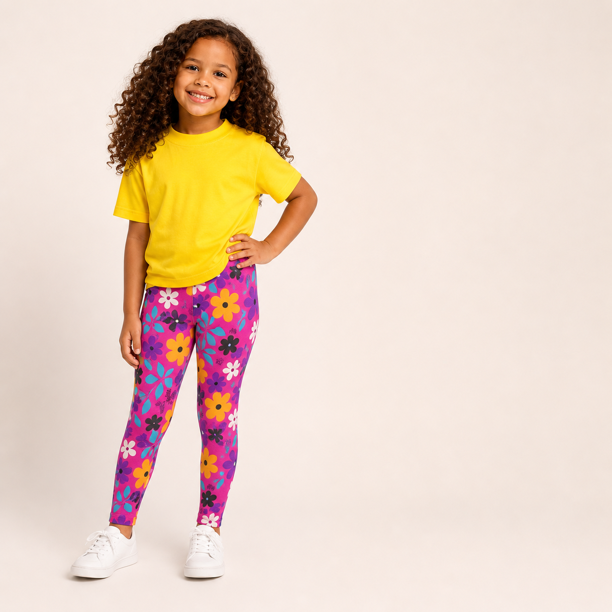 Menina vestindo legging infantil estampada de flores