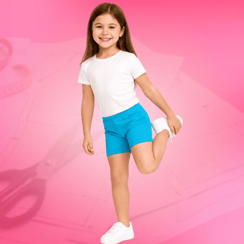 Criança usando shorts azul turquesa feito com o molde do curso